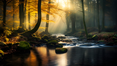 Autumn forest with sunbeams coming through the trees and flowing waterの素材