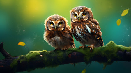 Two owls sitting on a branch in the forest with green leavesの素材