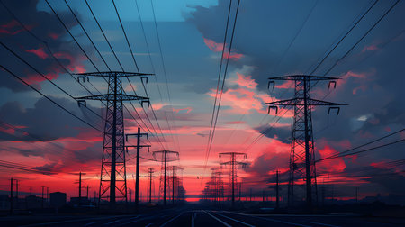 High voltage power lines at sunset energy supply conceptの素材