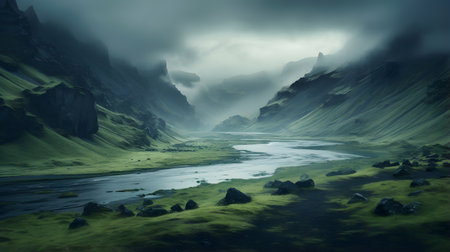 Illustration of the foot of a misty mountain with rivers and rocks with fertile soil with green grassの素材