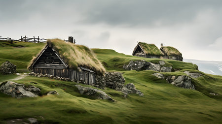 Traditional icelandic wooden houses on the grassy hillsideの素材
