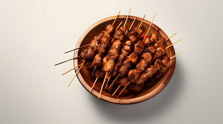 Skewers of chicken on a wooden plate on a white backgroundの素材