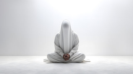 A man meditates in all white clothes and covers his faceの素材