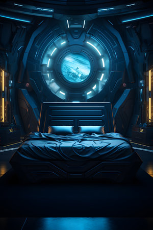Futuristic dark blue spaceship interior with a double bedの素材