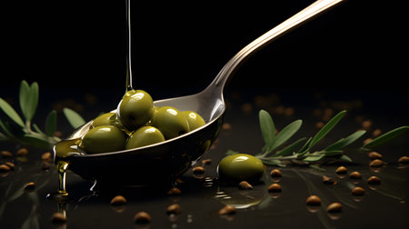 olive oil pouring into a spoon with olives and leaves on black backgroundの素材