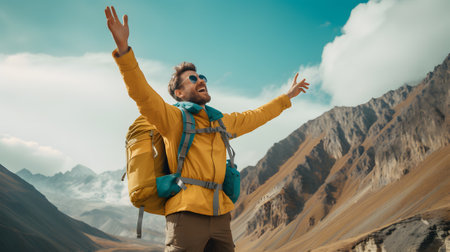 Hiking man with backpack and open arms enjoying the view on the mountainsの素材