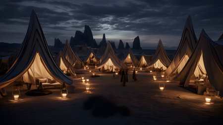 Illuminated tent at night in the desertの素材