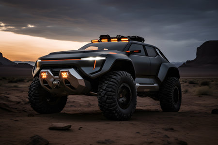 modern off road vehicle in the desert at sunsetの素材