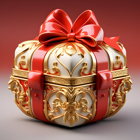 Golden gift box with red bow on red backgroundの素材