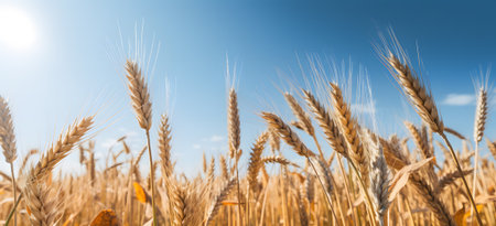golden wheat field and blue sky, panoramic imageの素材