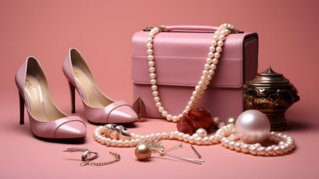 Fashion still life with pink shoes, pearls, bag and jewelry on pink backgroundの素材
