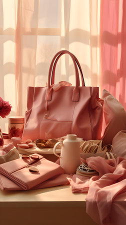 Beautiful woman bag and cosmetics on table near windowの素材