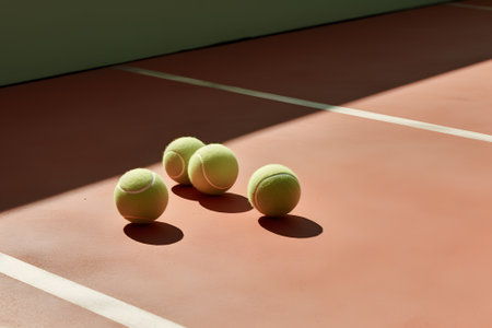 Tennis balls on the tennis court with shadow on the floorの素材