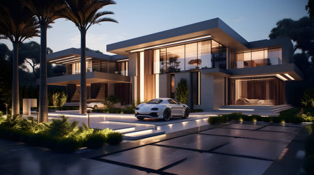 3d rendering of modern cozy house with garage and pool for sale or rent with beautiful landscaping on background. Clear summer evening with cozy light from window.の素材