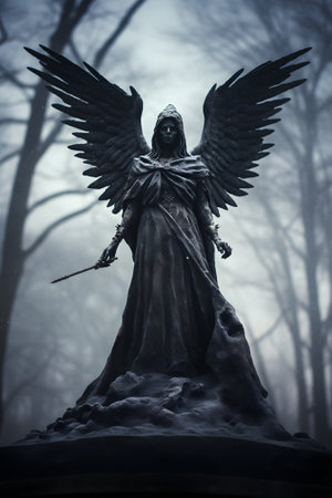 Statue of an angel in a misty graveyardの素材