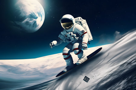 Astronaut in space suit surfing on snowboardの素材