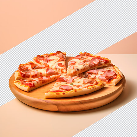 Slices of pizza on a wooden board isolated on a transparent backgroundの素材