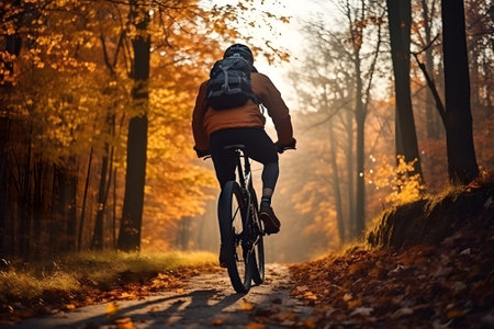Cyclist Riding the Bike on the Trail in the Beautiful Autumn Forestの素材
