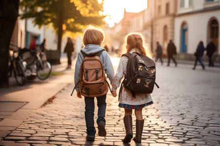 Back view of two little children, boy and girl, walking with backpacks in the city at sunsetの素材