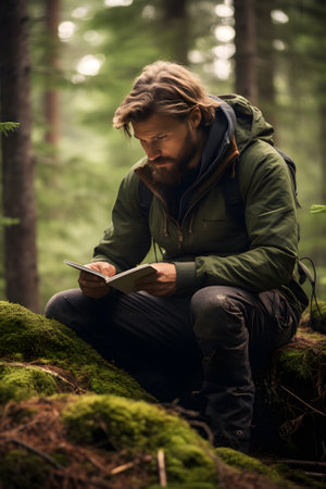 Handsome young man with a beard in a green jacket is sitting on a mossy stump and reading a bookの素材