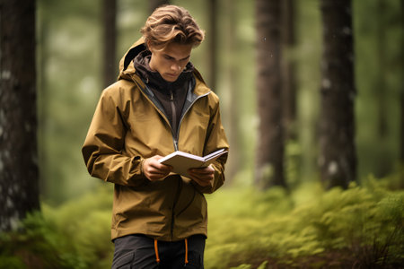Handsome young man in a raincoat standing in a pine forest and reading a bookの素材
