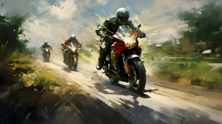 Motorcyclists on the road in motion blur. Digital painting.の素材