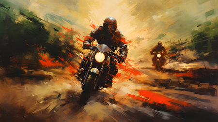 Motorcycle rider on a motorcycle in motion blur digital paintingの素材