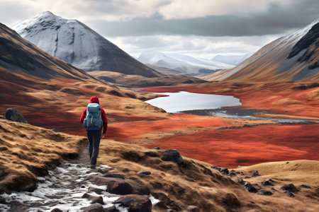 Traveler with backpack on the background of beautiful landscape of Icelandの素材