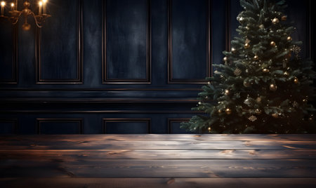 Christmas background with wooden table and christmas treeの素材