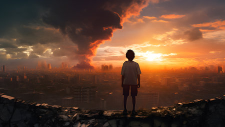 Silhouette of kid standing on edge of wall and looking at cityの素材