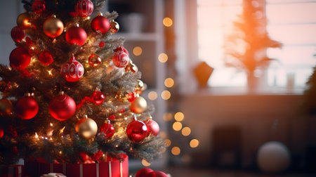 Christmas tree with red baubles and gift box on blurred backgroundの素材