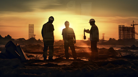 Silhouette of engineer and worker on construction site at sunsetの素材