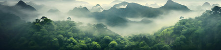 Panoramic view of the mountains in the mist. Mountain landscapeの素材