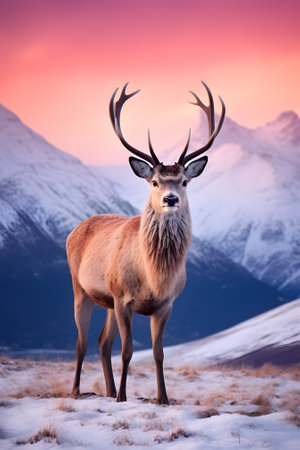 Majestic red deer stag in snowy mountain landscape at sunsetの素材