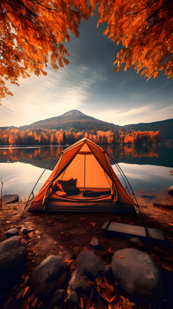 Camping on the shore of a lake with a tent in autumnの素材