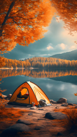 Camping tent on a lake in the autumn forestの素材