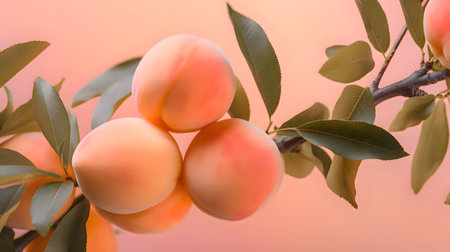 Apricots on a tree branch with leaves on a pink background. peach fuzz color of the year 2024の素材