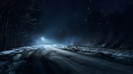 Winter road in the forest at night with fog and lightsの素材