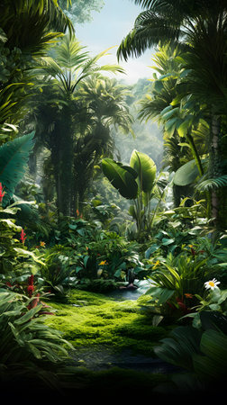tropical garden with ferns and plantsの素材