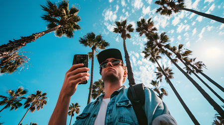 Handsome young man taking a selfie in the middle of a palm treeの素材