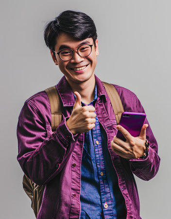 Happy asian young man with backpack and mobile phone showing thumbs upの素材