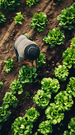 Top view of farmer standing on the field and looking at lettuce plantsの素材