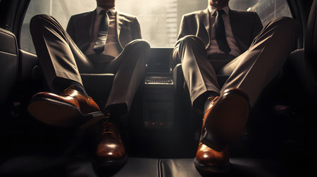 Businessman sitting in the back seat of a car with legs crossedの素材