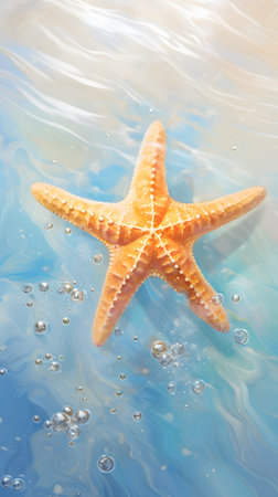 Starfish in the water with bubbles on a blue backgroundの素材