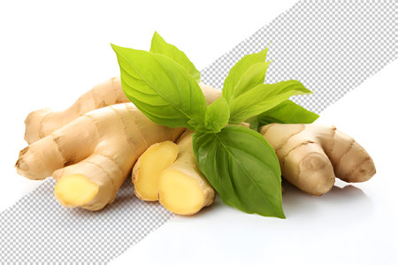 Fresh ginger root and basil leaf PNGの素材