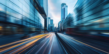the light trails on the modern building backgroundの素材