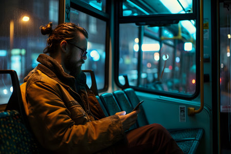 Young man using his mobile phone while sitting in a bus at nightの素材