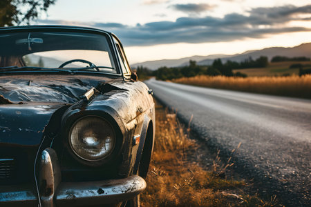 Abandoned car on the road at sunset. Retro carの素材