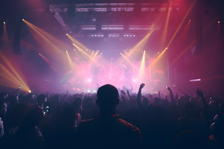 Concert crowd in front of a bright stage with lights and smokeの素材