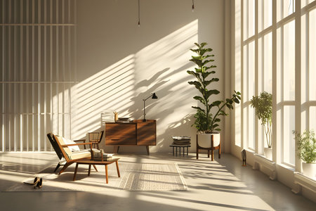 Interior of modern living room with armchair and plantの素材